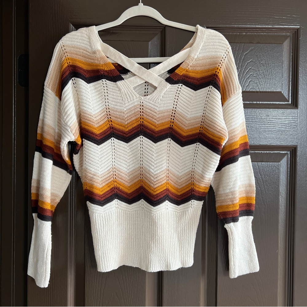 Striped V-Neck Sweater in Cream, Brown, and Orange - Picture 3 of 4
